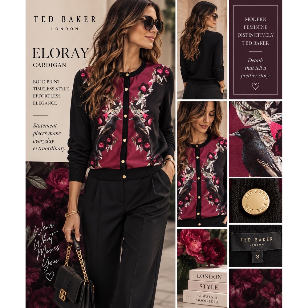 Ted Baker Eloray Bird Floral Cardigan 3 Dark Romantic Botanical NWOT